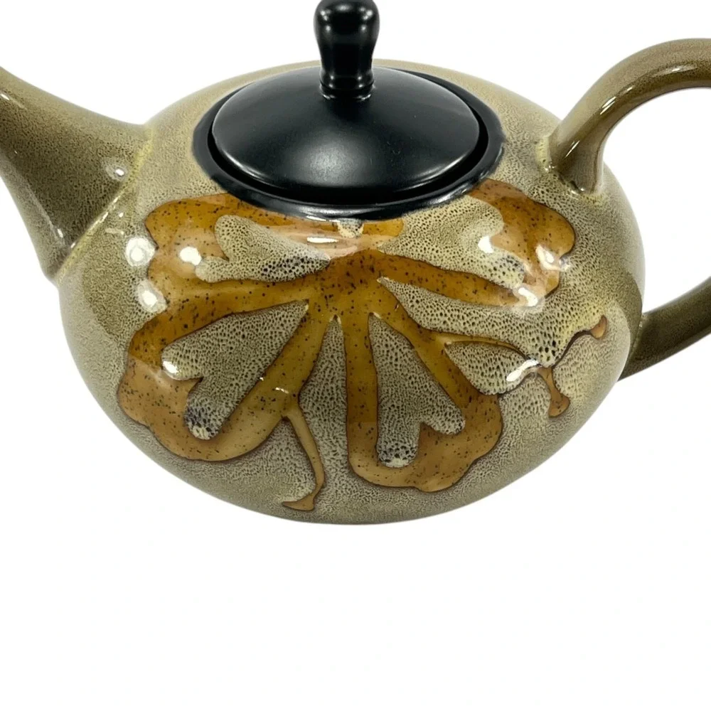 Pier 1 Kioko Teapot Hand Painted Stoneware Speckled Body Yellow Flower 2007